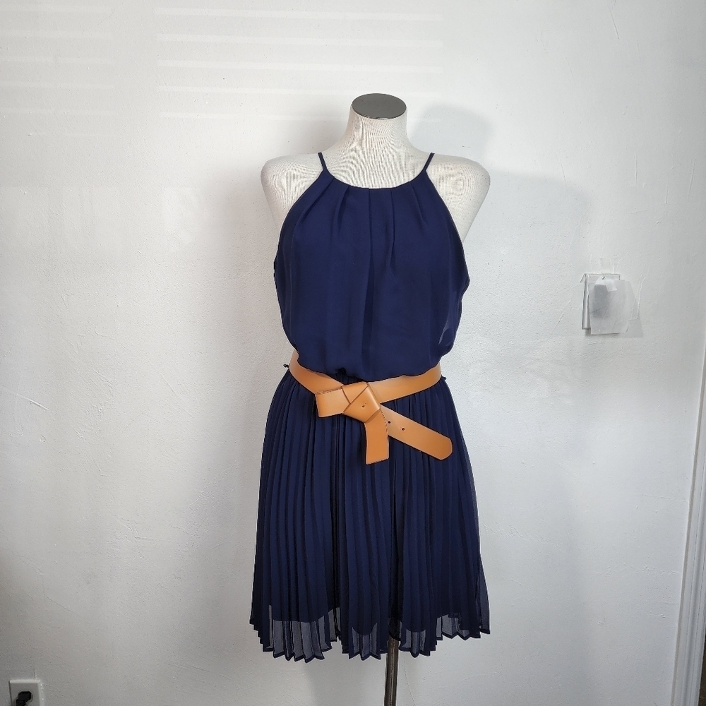 A. BYER Navy Blue Pleated Halter Neck Sunburst Chiffon Dress Size  M